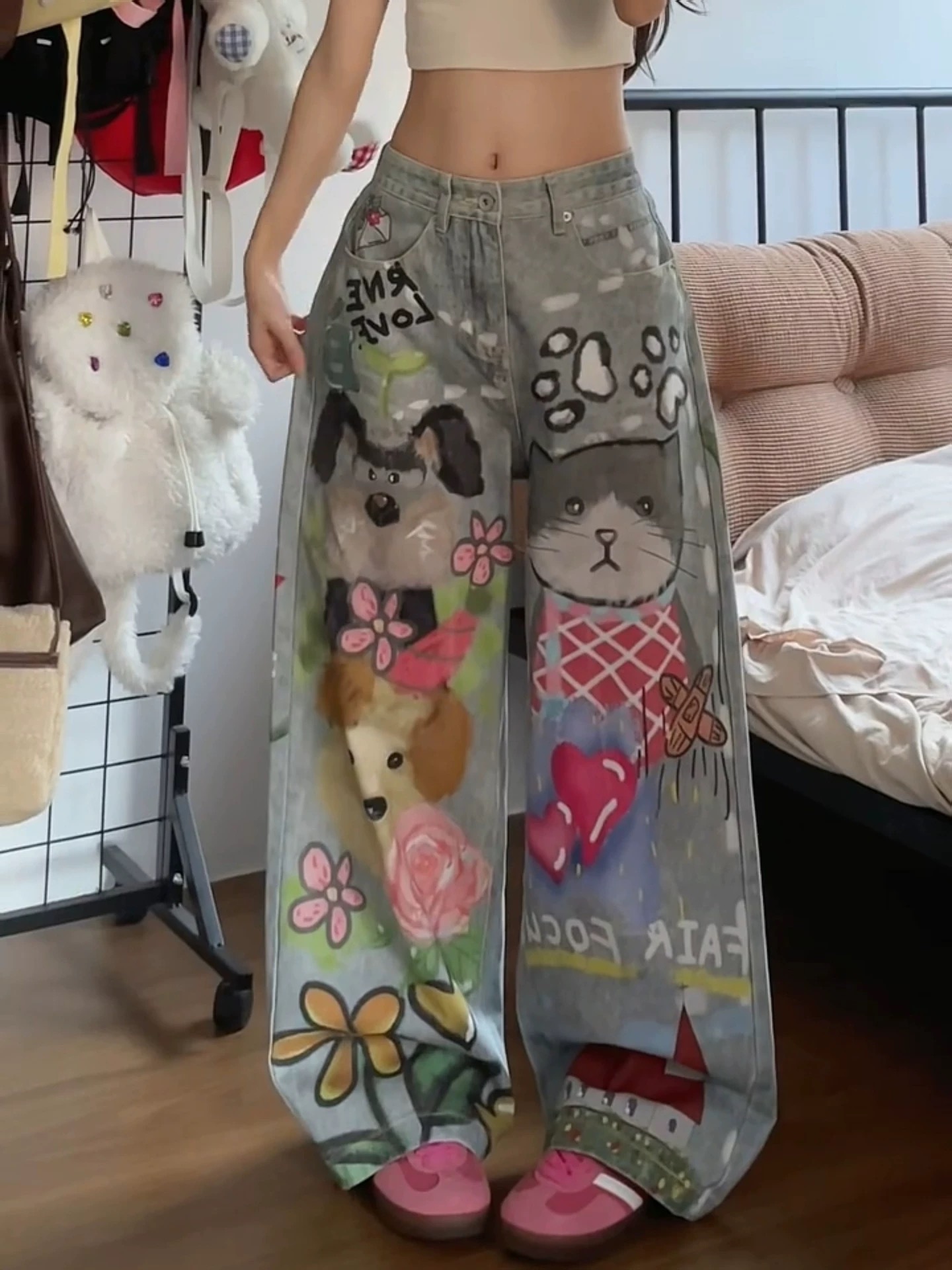 美式復古趣味貓狗手繪涂鴉牛仔褲男女街頭寬松直筒闊腿長褲潮