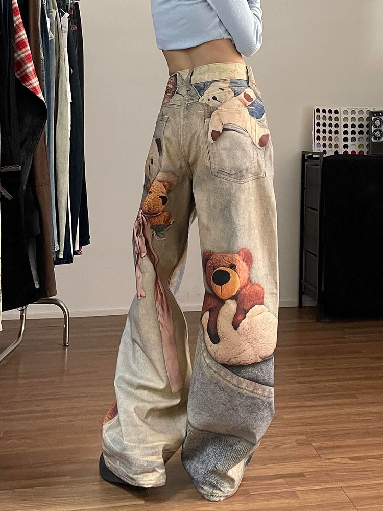 彩色數碼印花設計休閑牛仔褲女春新款高腰寬松顯瘦百搭直筒闊腿褲