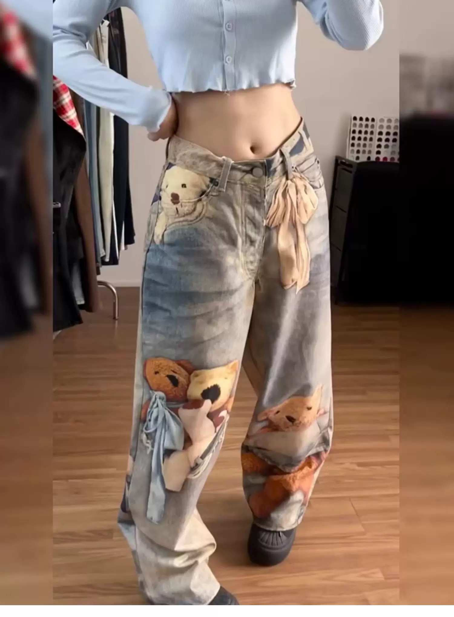 彩色數碼印花設計休閑牛仔褲女春新款高腰寬松顯瘦百搭直筒闊腿褲