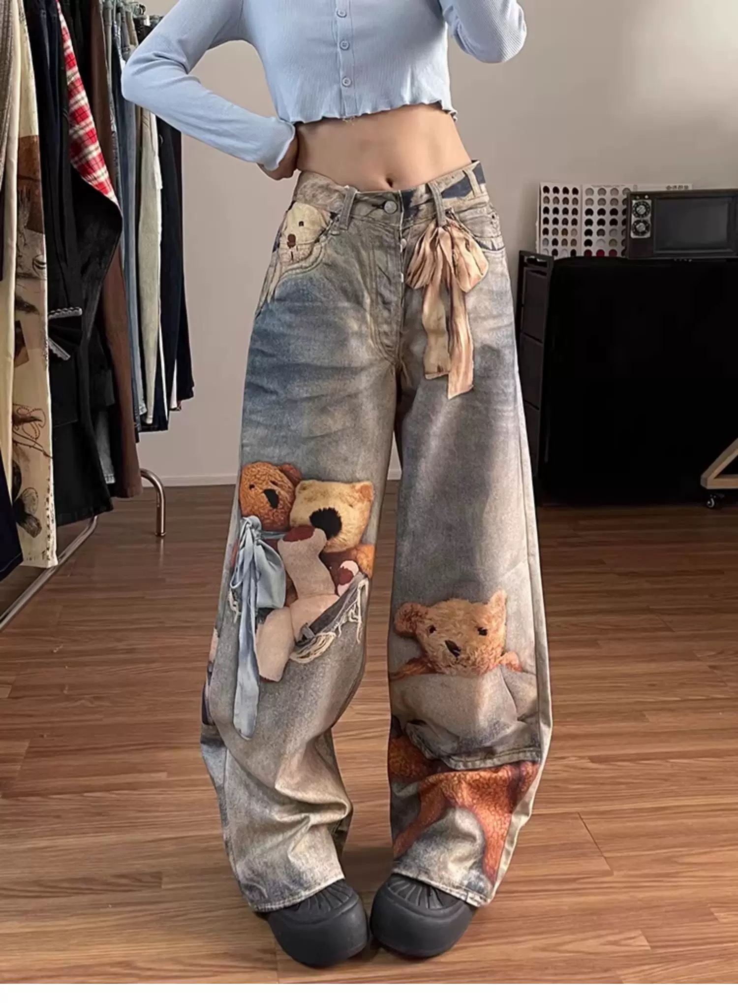 彩色數碼印花設計休閑牛仔褲女春新款高腰寬松顯瘦百搭直筒闊腿褲