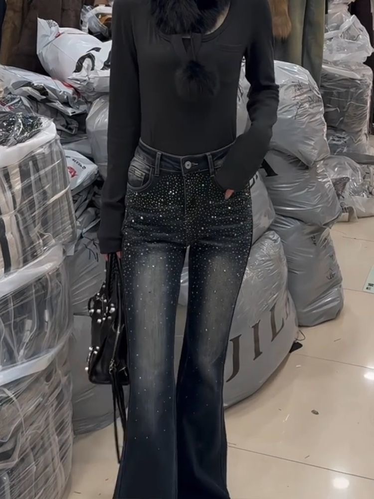 美式復古做舊滿天星亮鉆拼接牛仔褲子女y2k千禧辣妹微喇叭拖地褲