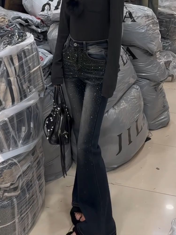 美式復古做舊滿天星亮鉆拼接牛仔褲子女y2k千禧辣妹微喇叭拖地褲