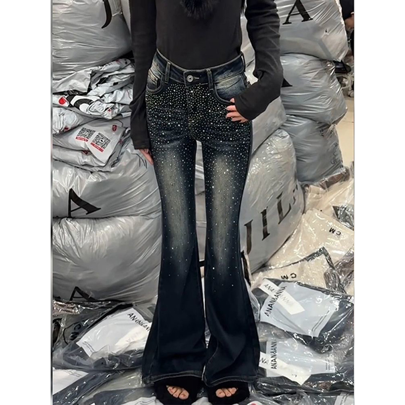 美式復古做舊滿天星亮鉆拼接牛仔褲子女y2k千禧辣妹微喇叭拖地褲
