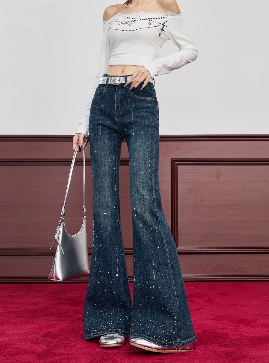 美式復古微喇叭牛仔褲女2026春季新款燙鉆設計感顯瘦辣妹馬蹄褲
