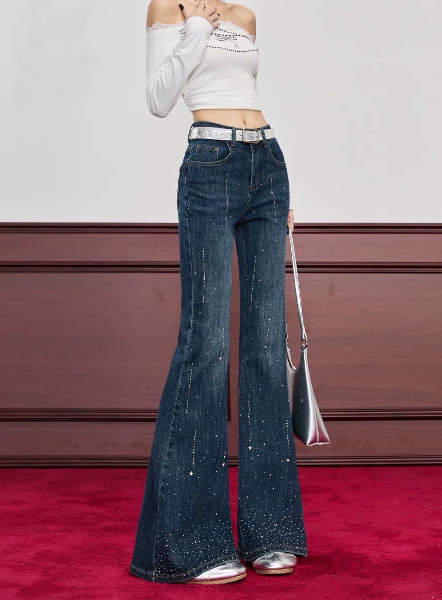 美式復古微喇叭牛仔褲女2026春季新款燙鉆設計感顯瘦辣妹馬蹄褲