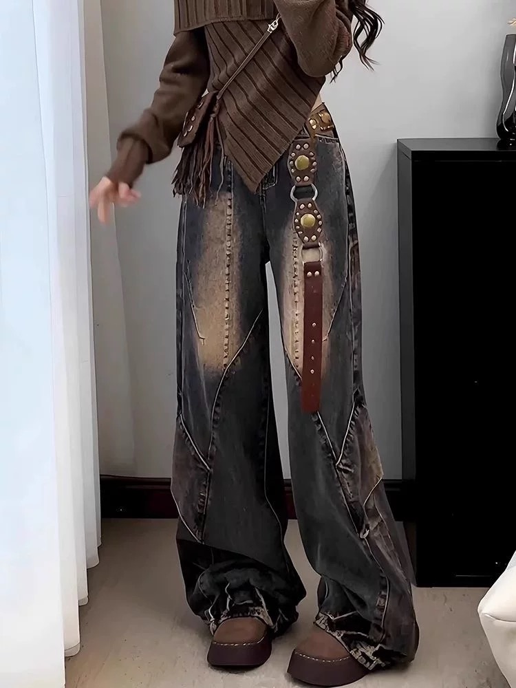 美式復古工裝褲牛仔褲褲子女2026春季新款高腰寬松直筒褲闊腿褲