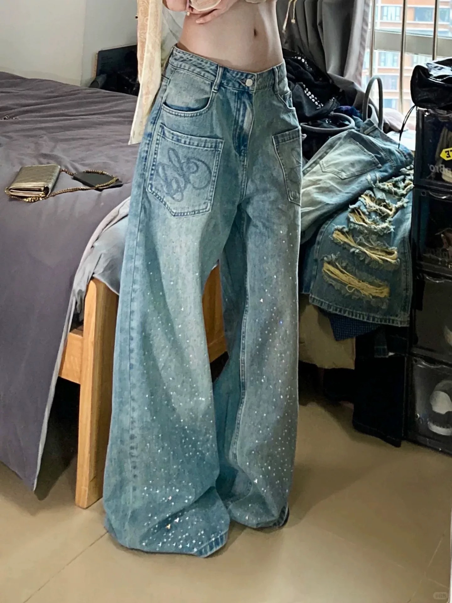 春夏新款設計感重工滿天星燙鉆牛仔褲女街頭寬松闊腿拖地褲