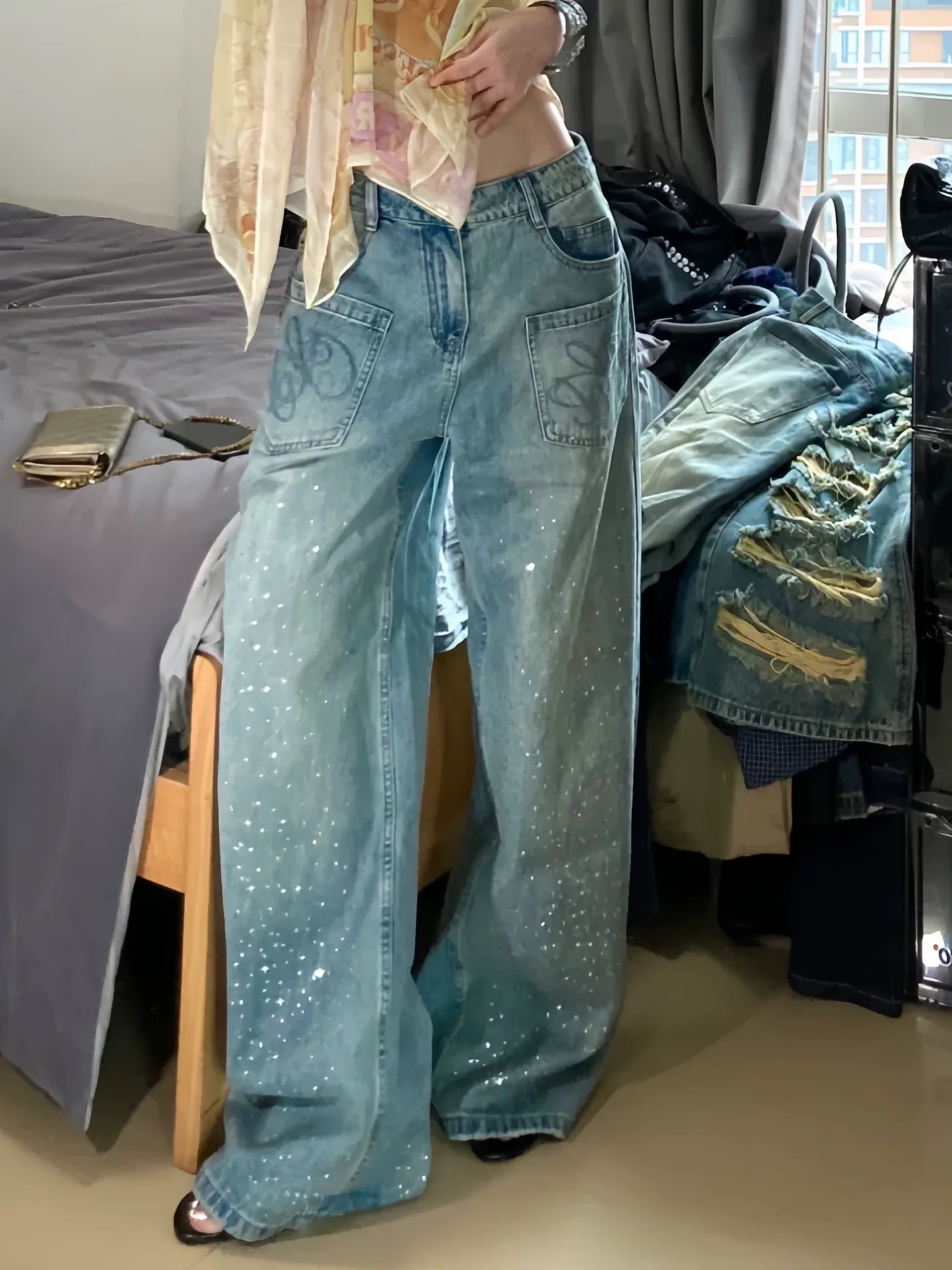 春夏新款設計感重工滿天星燙鉆牛仔褲女街頭寬松闊腿拖地褲