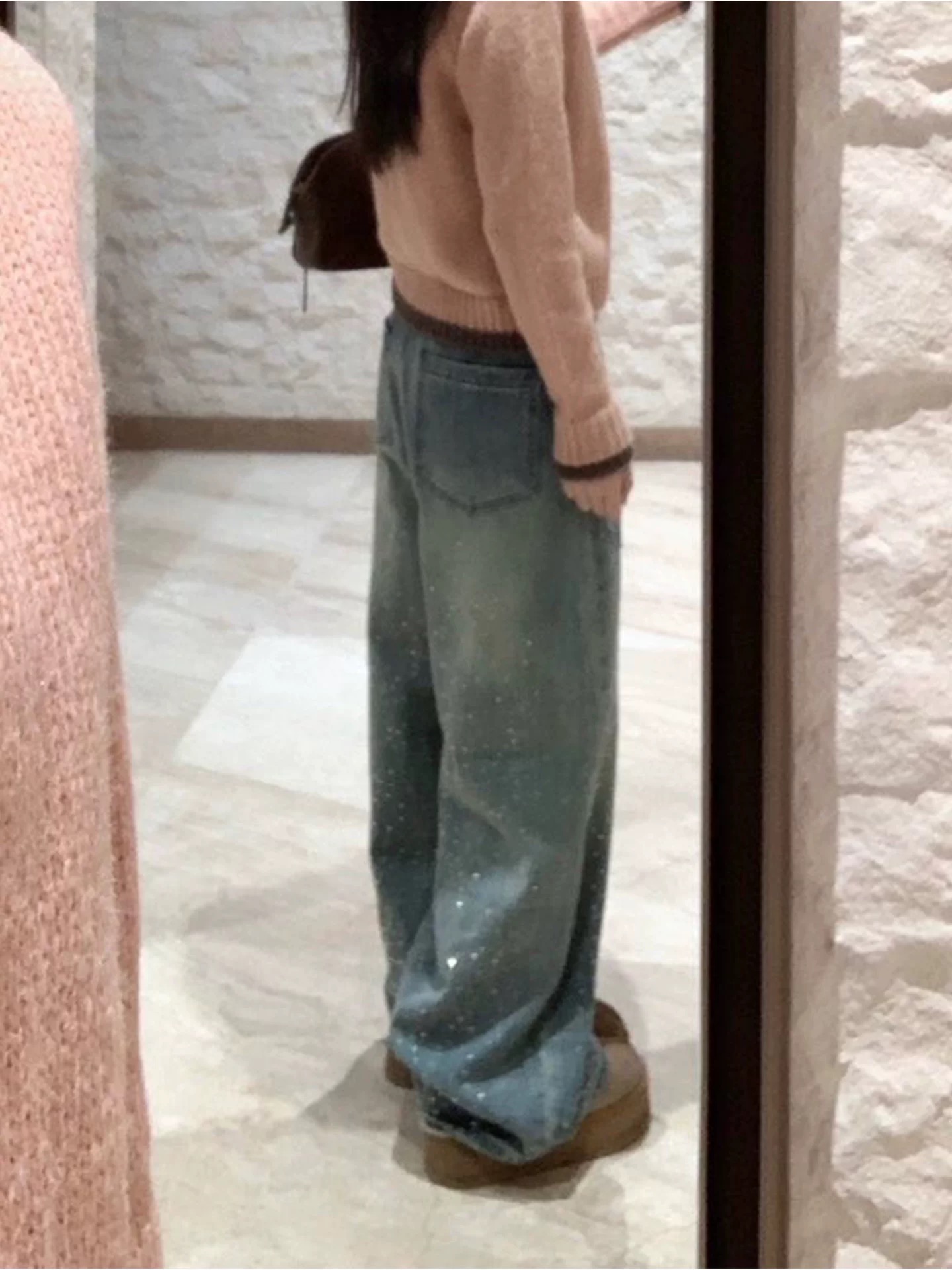 甜酷辣妹美式風燙鉆闊腿牛仔褲女設計感小眾刺繡寬松直筒拖地長褲