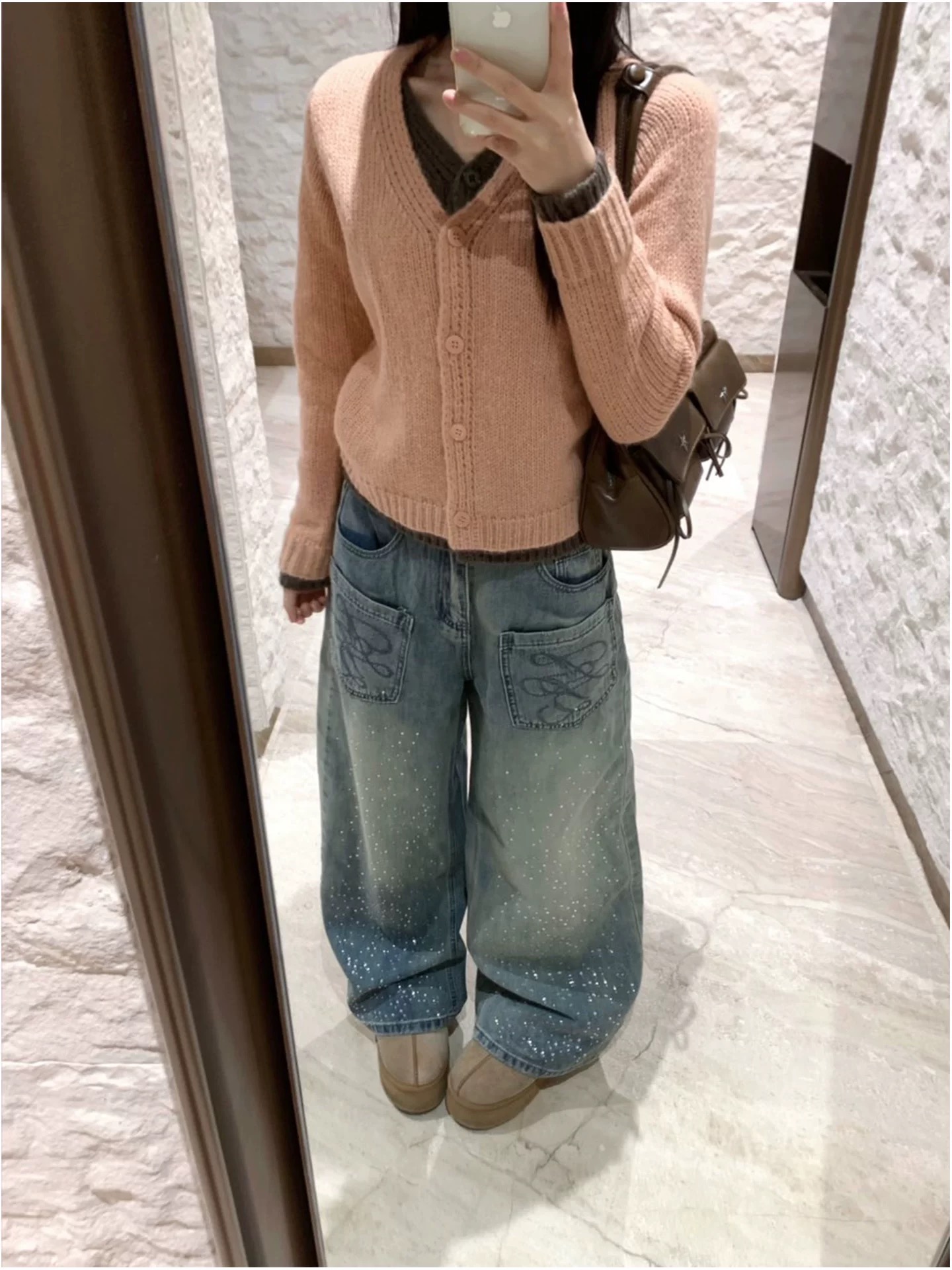 甜酷辣妹美式風燙鉆闊腿牛仔褲女設計感小眾刺繡寬松直筒拖地長褲