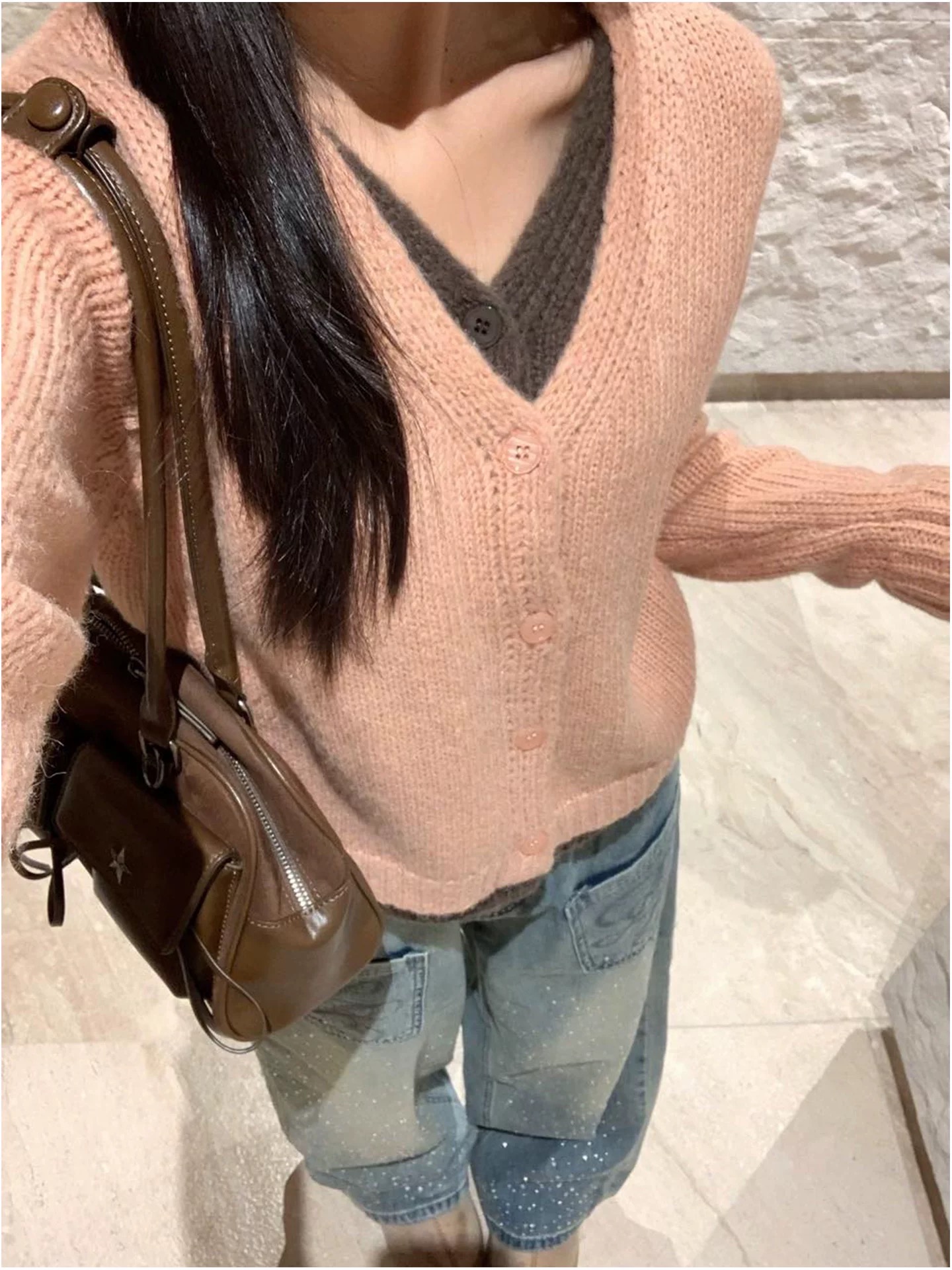 甜酷辣妹美式風燙鉆闊腿牛仔褲女設計感小眾刺繡寬松直筒拖地長褲