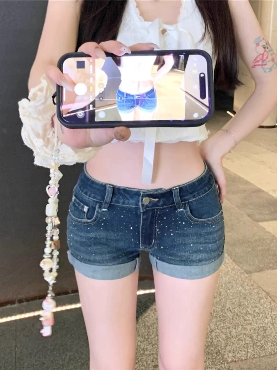 美式辣妹滿天星燙鉆卷邊牛仔超短褲女夏季小個子低腰緊身包臀熱褲