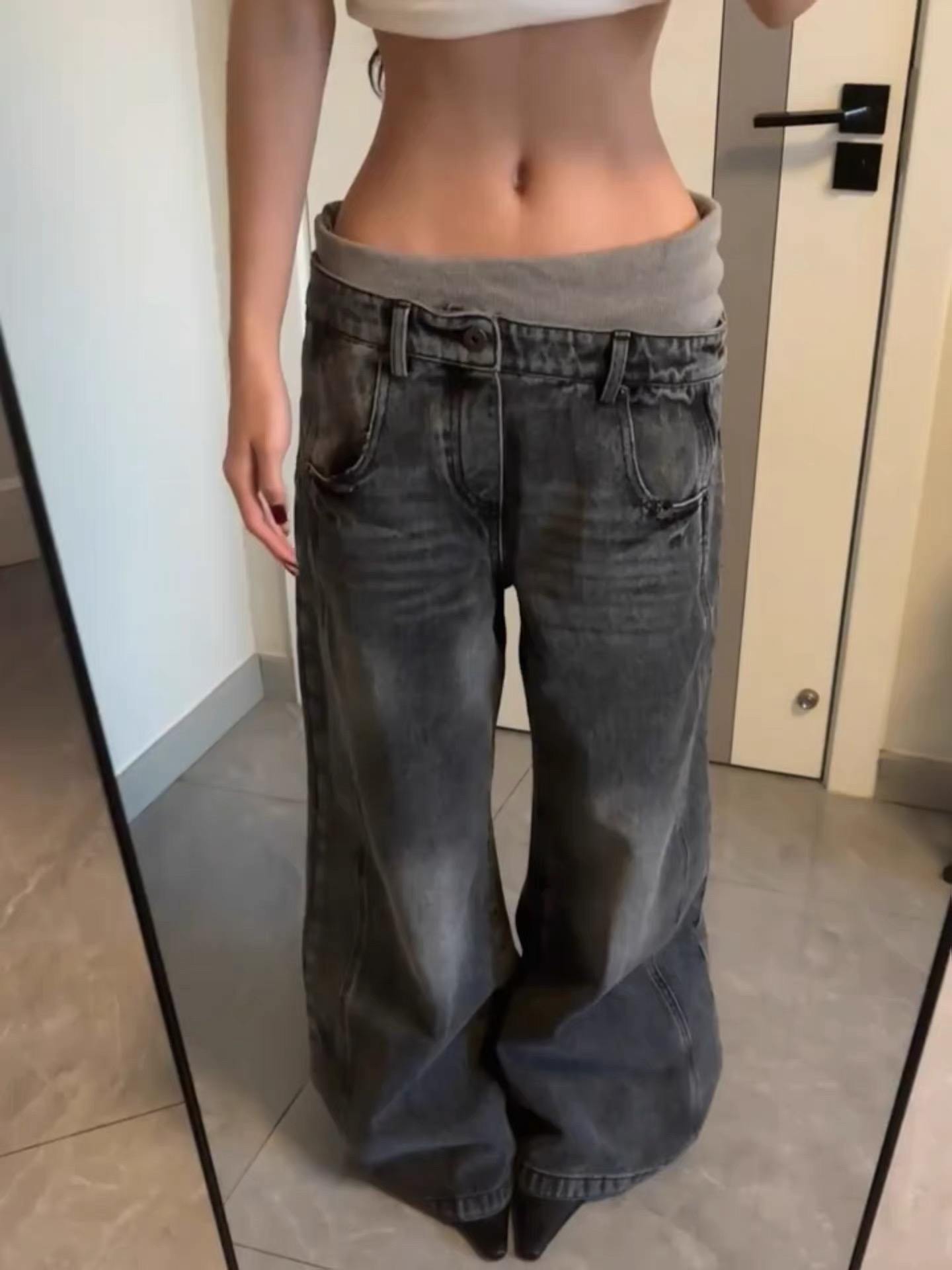 春夏美式復古水洗不對稱雙腰撞色牛仔褲女設計感小眾寬松闊腿長褲