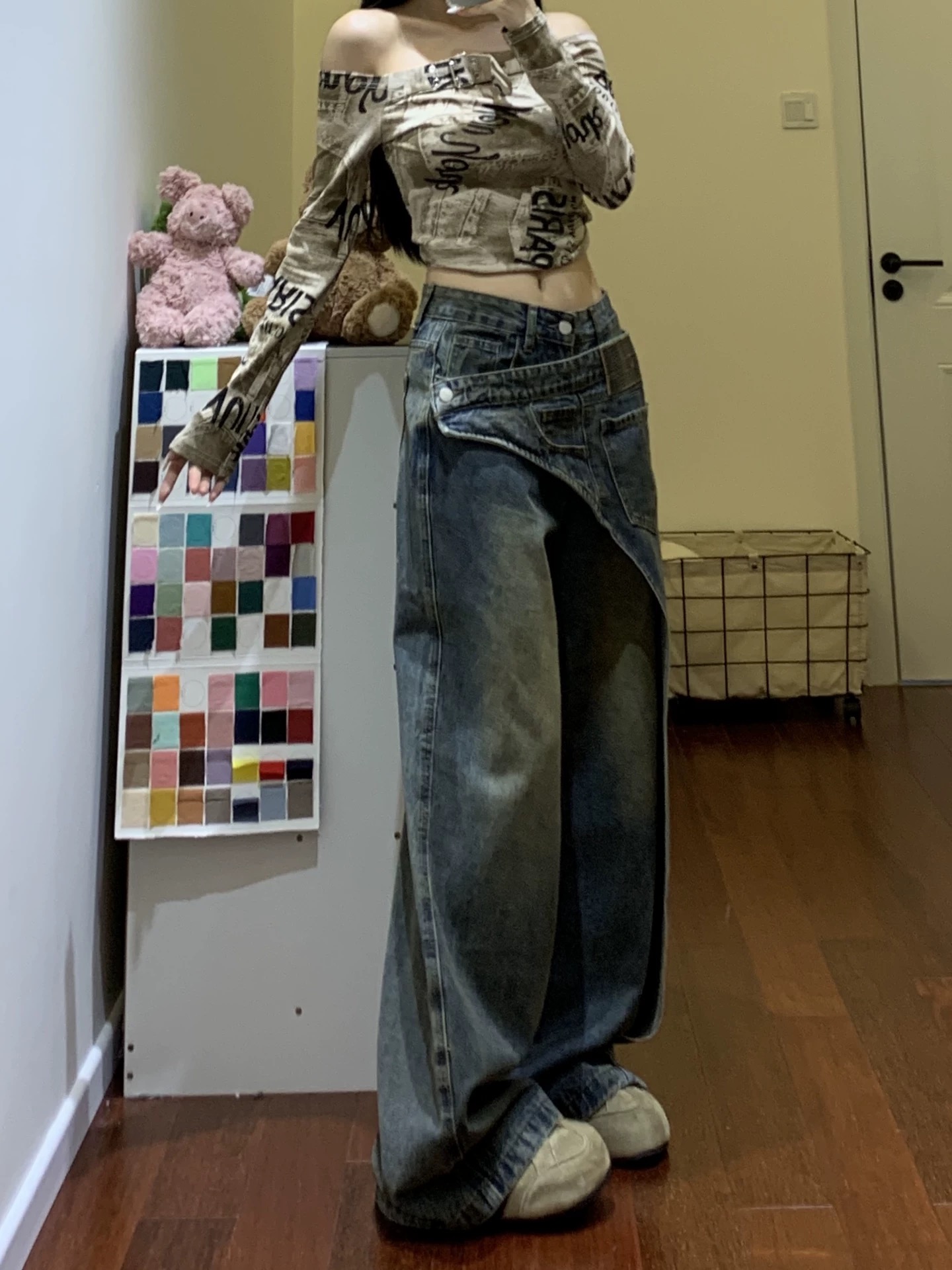 美式復古錯位拼接牛仔褲女2026春季新款設計感小眾闊腿拖地長褲子