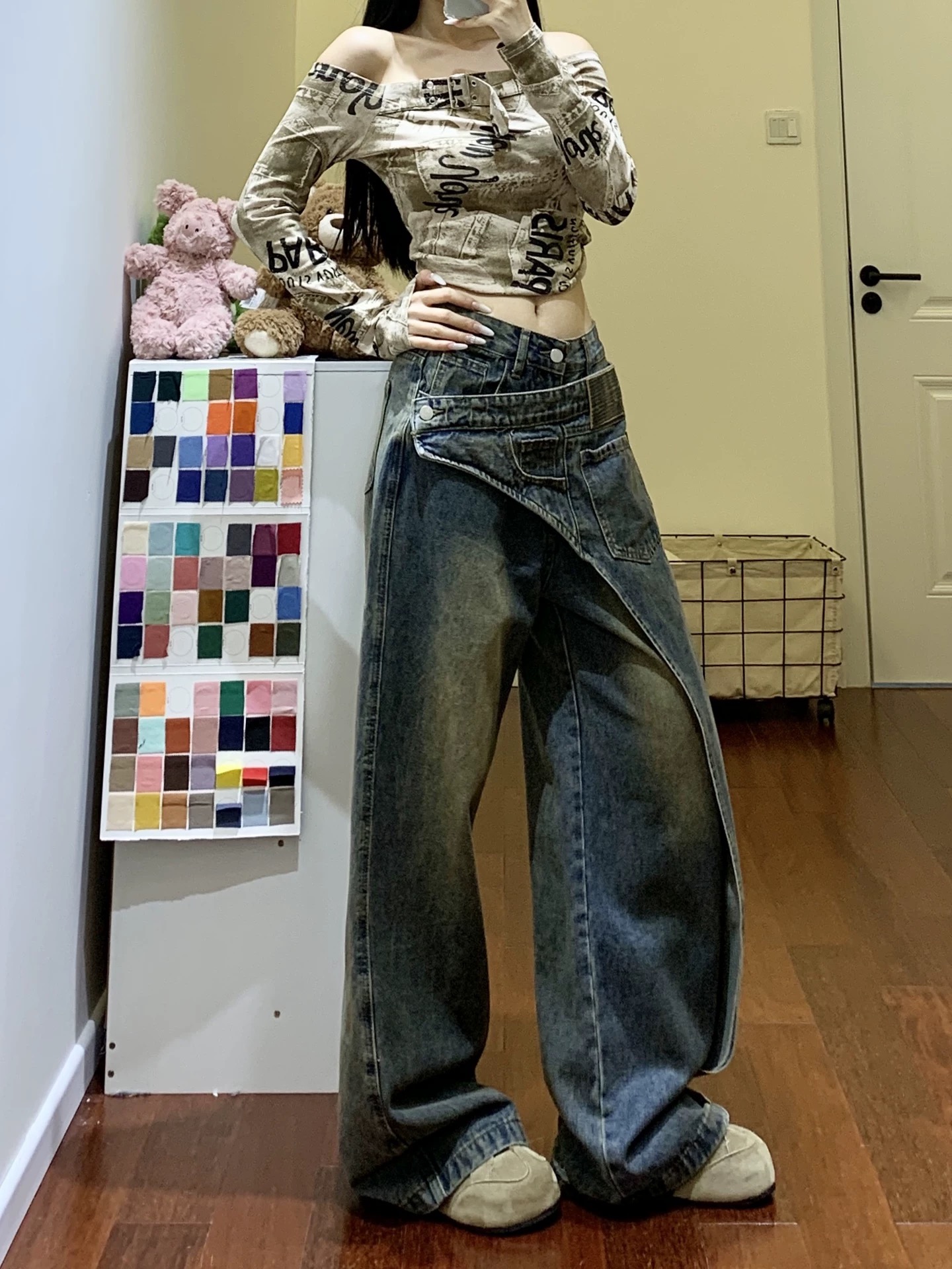 美式復古錯位拼接牛仔褲女2026春季新款設計感小眾闊腿拖地長褲子