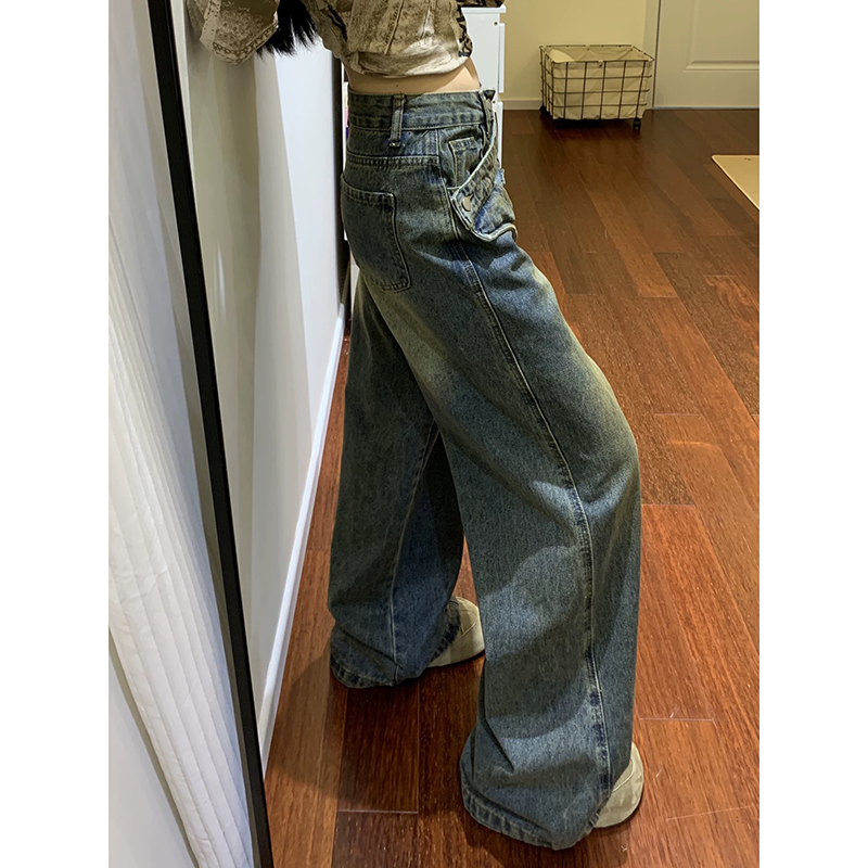 美式復古錯位拼接牛仔褲女2026春季新款設計感小眾闊腿拖地長褲子