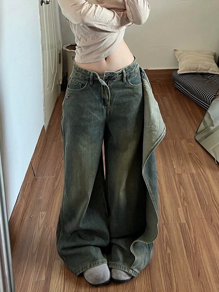 美式復古辣妹不規則搭片拼接牛仔褲子女新款做舊水洗設計感拖地褲