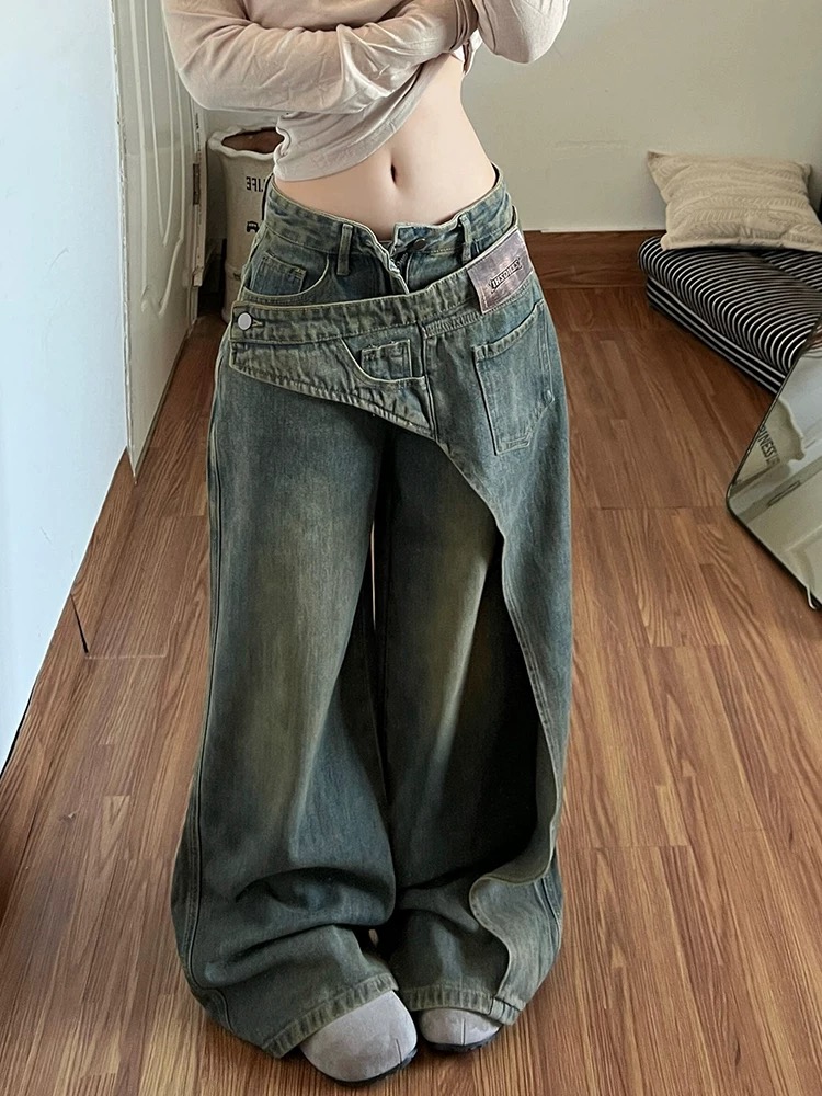 美式復古辣妹不規則搭片拼接牛仔褲子女新款做舊水洗設計感拖地褲