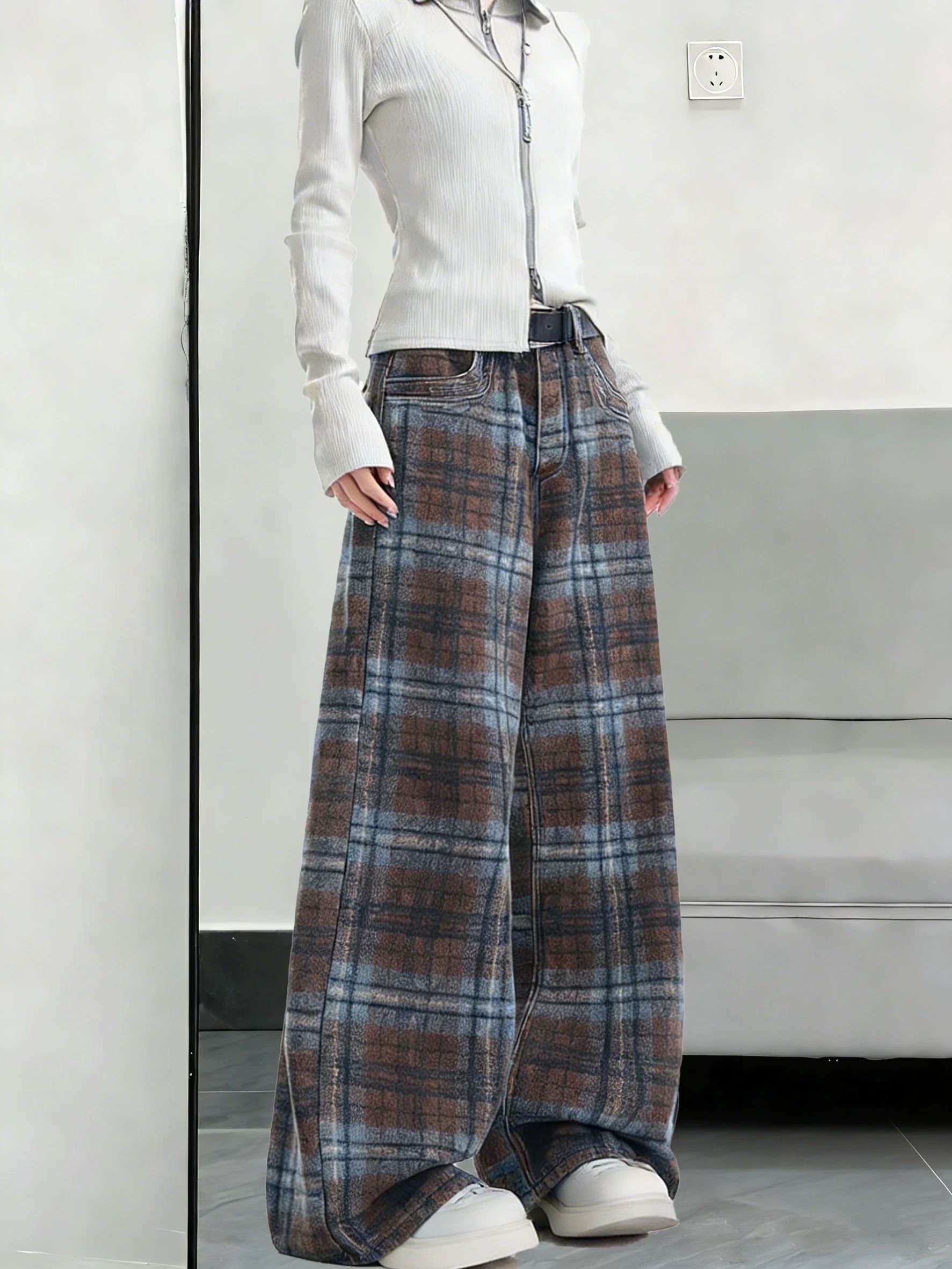 韓系格子闊腿褲褲子女款2026春季新款高腰顯瘦垂感直筒褲休閑褲子