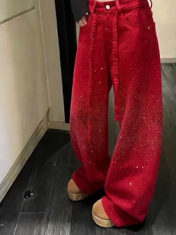 春夏新款紅色滿天星燙鉆牛仔褲女時尚寬松闊腿彎刀褲顯瘦長褲
