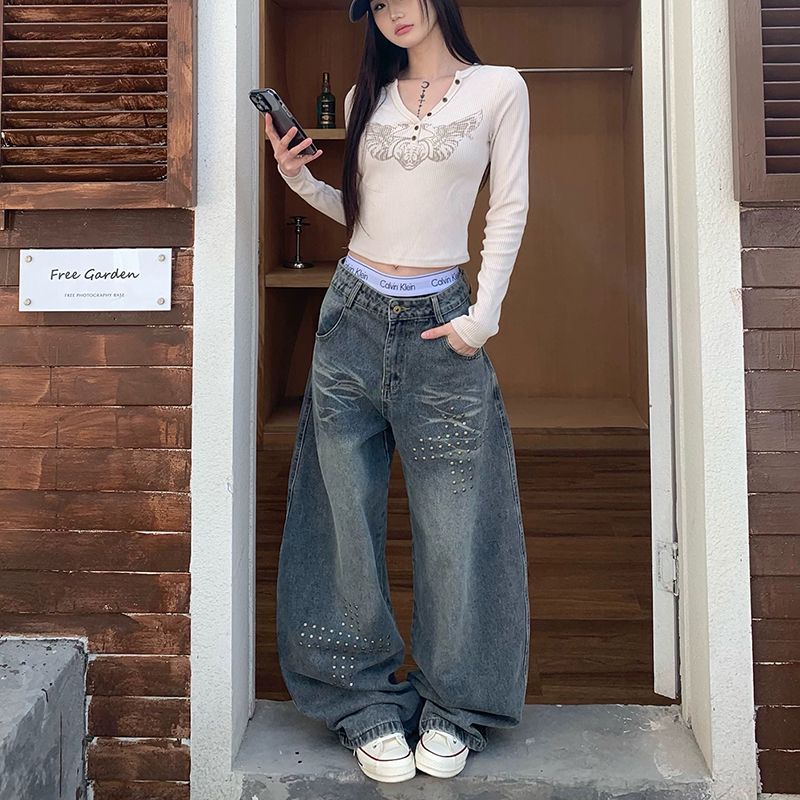 春夏新款美式復古鉚釘水洗寬松直筒牛仔褲男女百搭闊腿潮流褲子