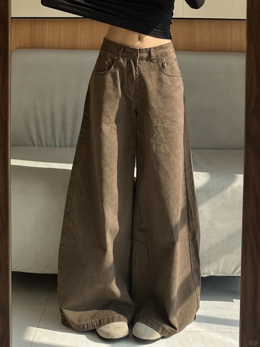 美拉德棕咖色大闊腿牛仔褲女春夏新款高腰寬松遮肉拖地長褲