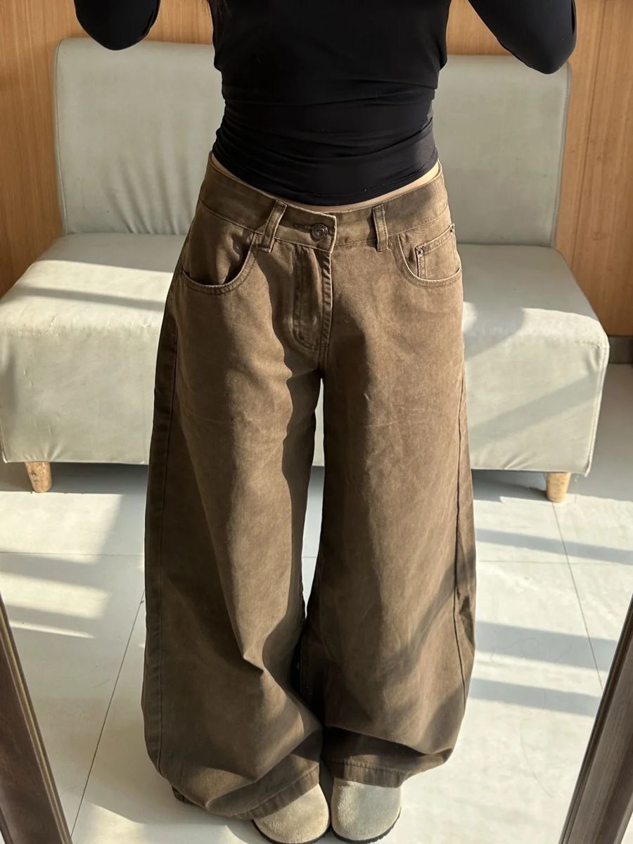 美拉德棕咖色大闊腿牛仔褲女春夏新款高腰寬松遮肉拖地長褲