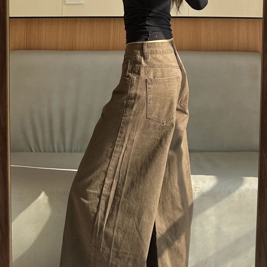 美拉德棕咖色大闊腿牛仔褲女春夏新款高腰寬松遮肉拖地長褲