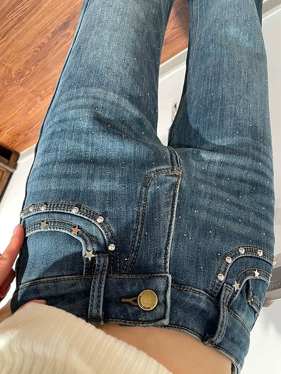 夏季新款高腰寬松不貼腿喇叭褲子韓系滿天星燙鉆釘珠微喇牛仔褲女