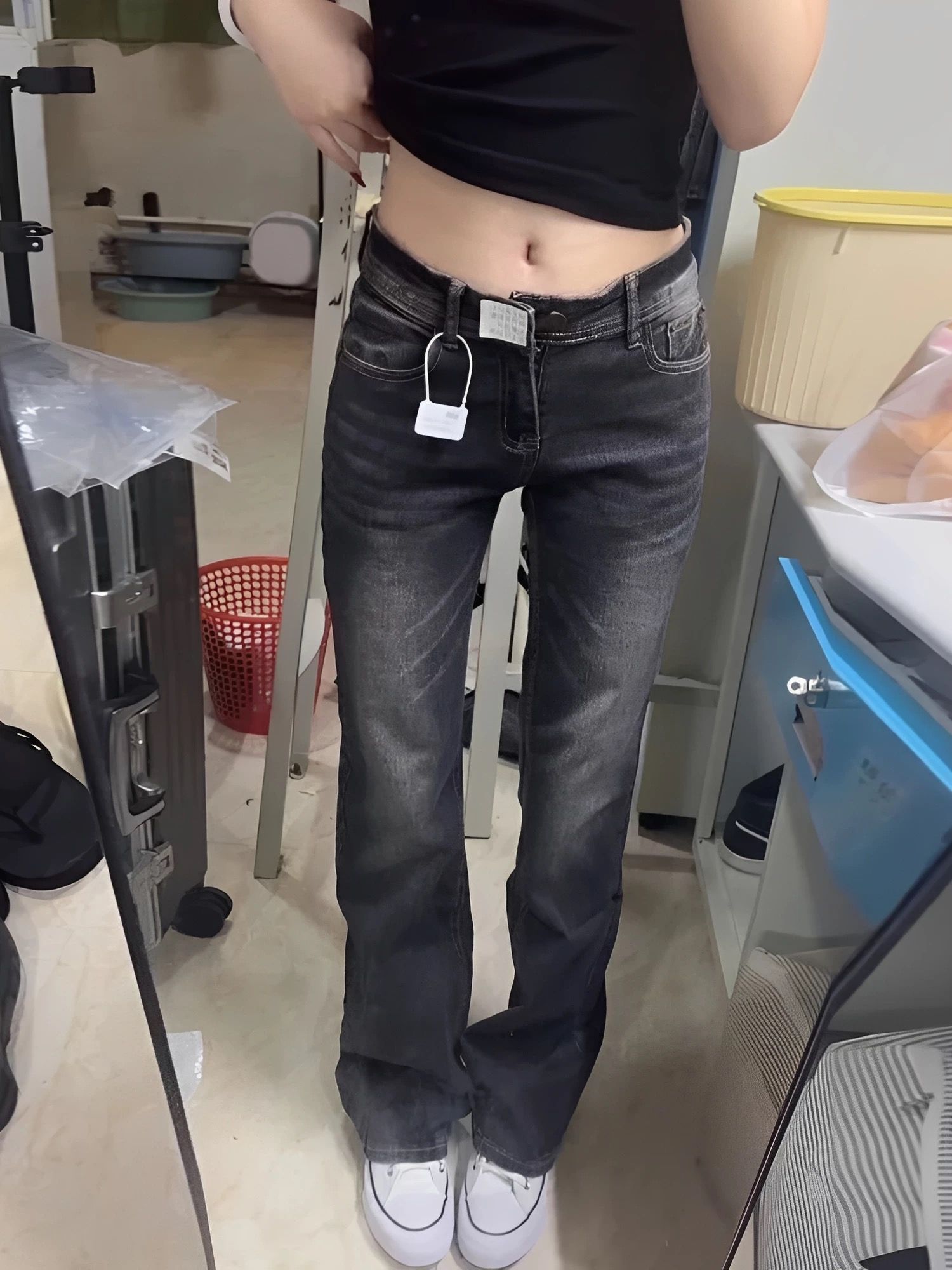 韓系美式辣妹低腰微喇牛仔褲女新款百搭窄版修身顯瘦彈力喇叭褲