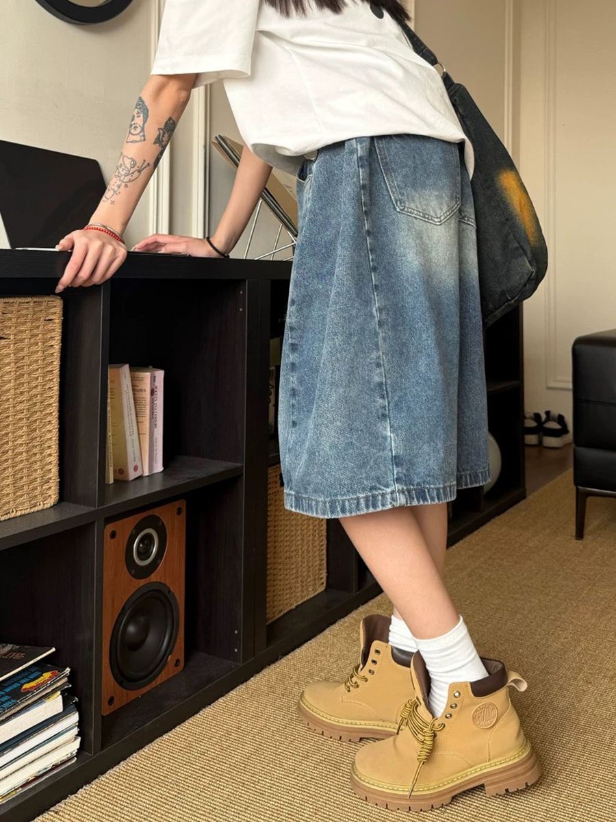 夏季美式vintage水洗牛仔短褲男女街頭做舊顯高顯瘦五分褲情侶