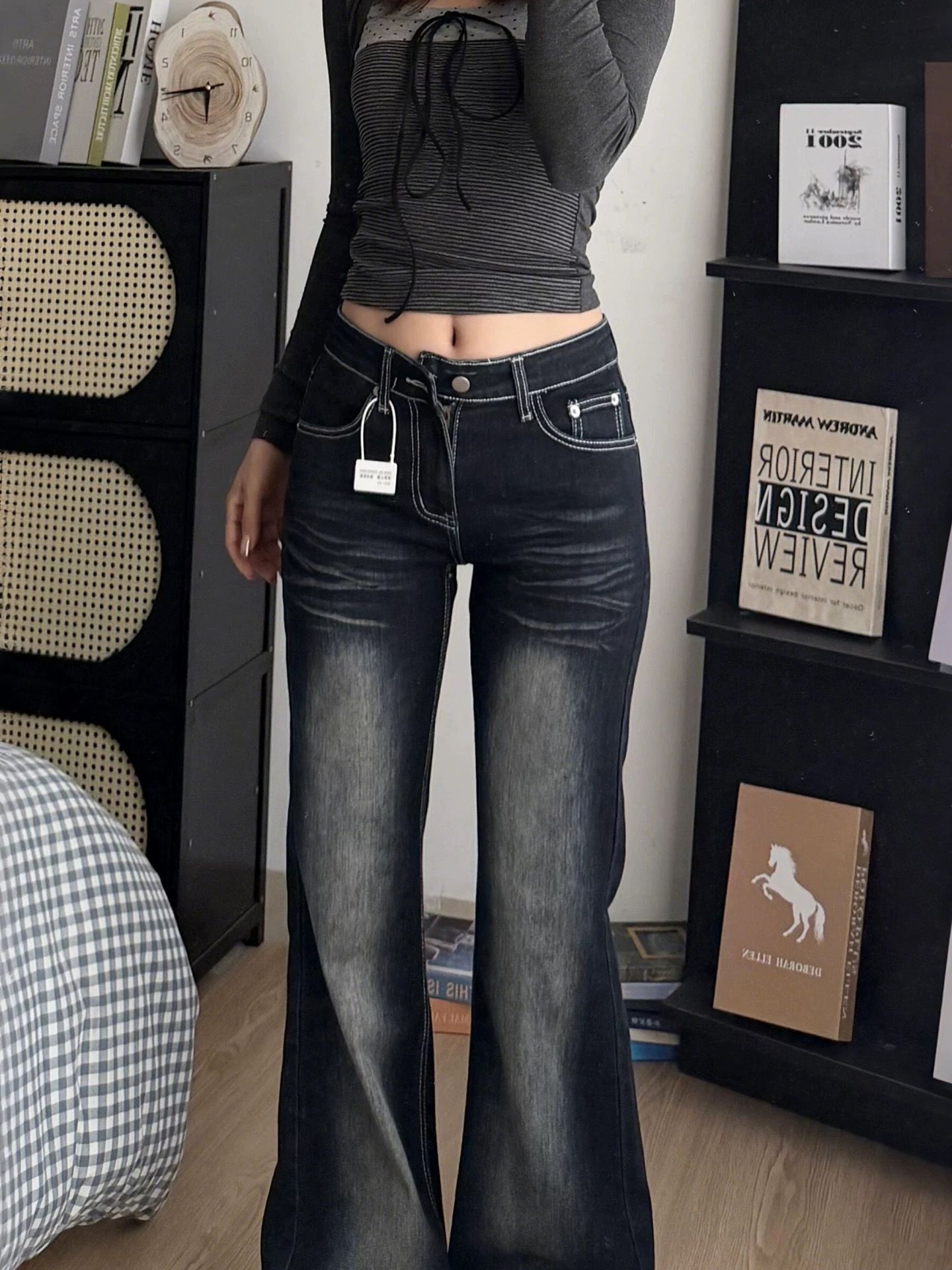 夏季美式復古微喇牛仔褲女新款時尚百搭高腰瘦拖地不貼腿顯喇叭褲