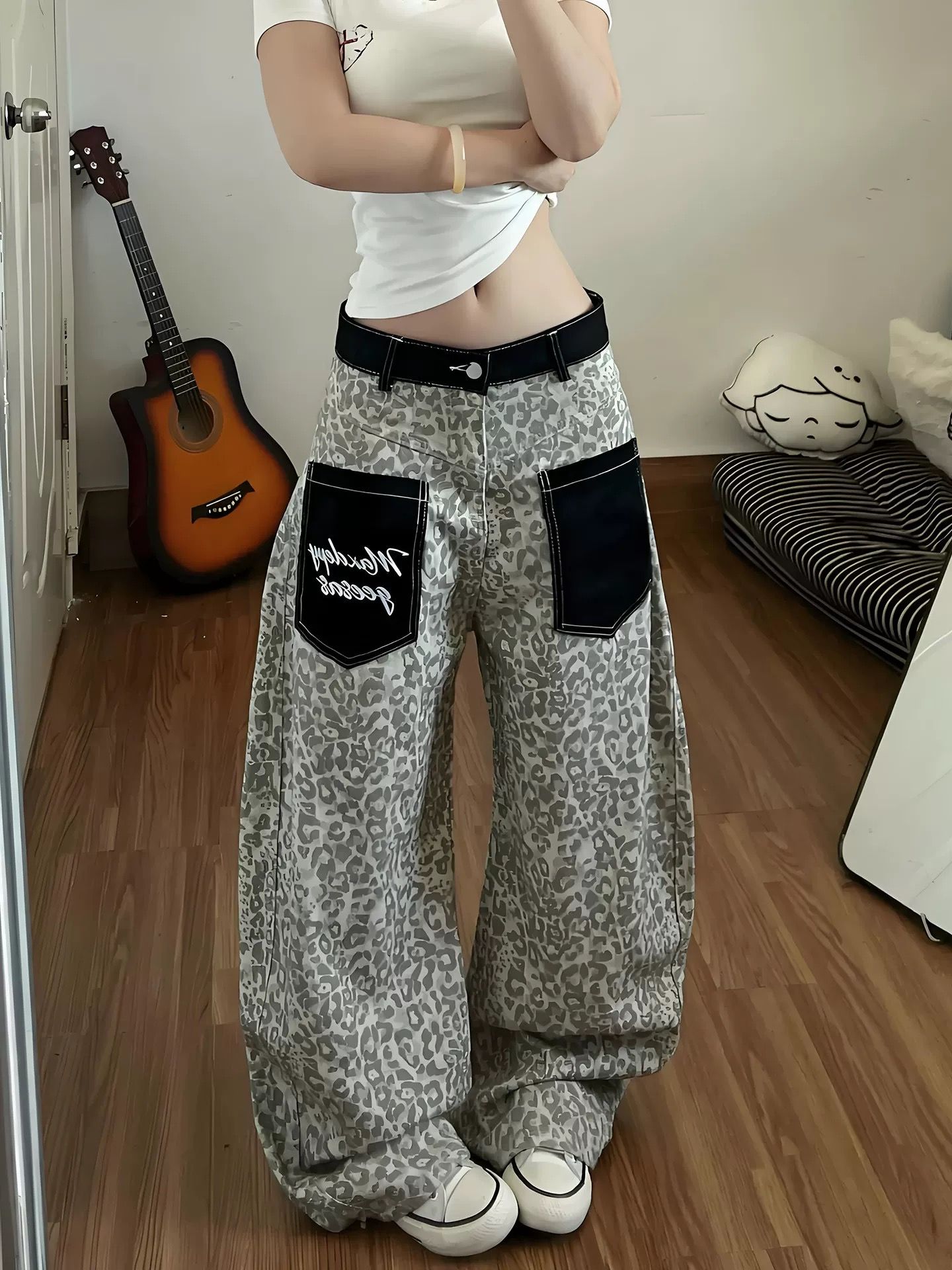 美式豹紋貼布口袋牛仔褲男女baggy寬松復古街頭闊腿彎刀休閑長褲