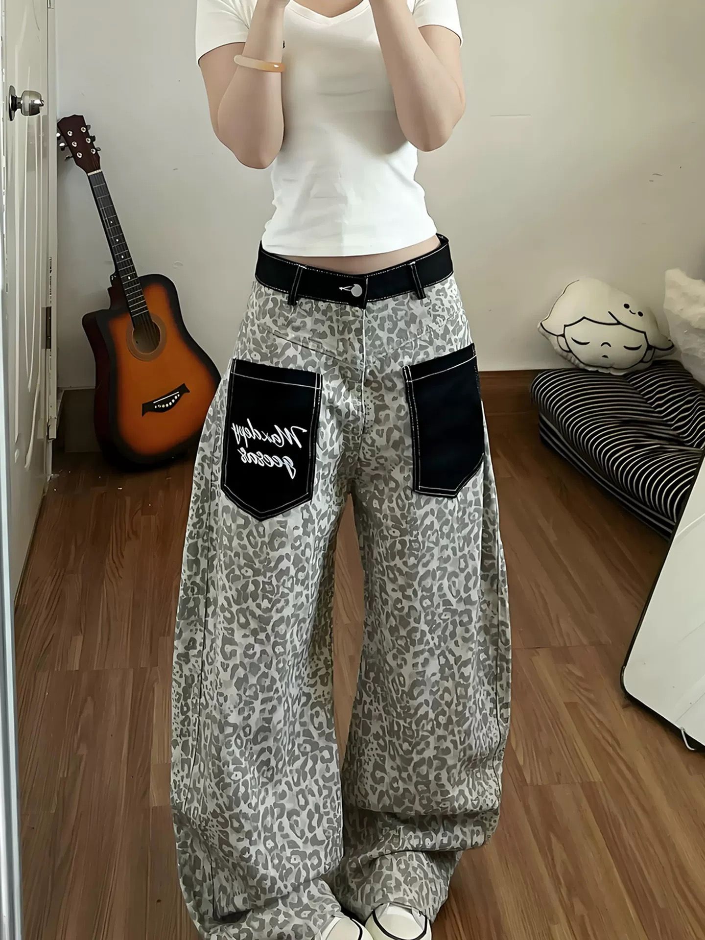 美式豹紋貼布口袋牛仔褲男女baggy寬松復古街頭闊腿彎刀休閑長褲