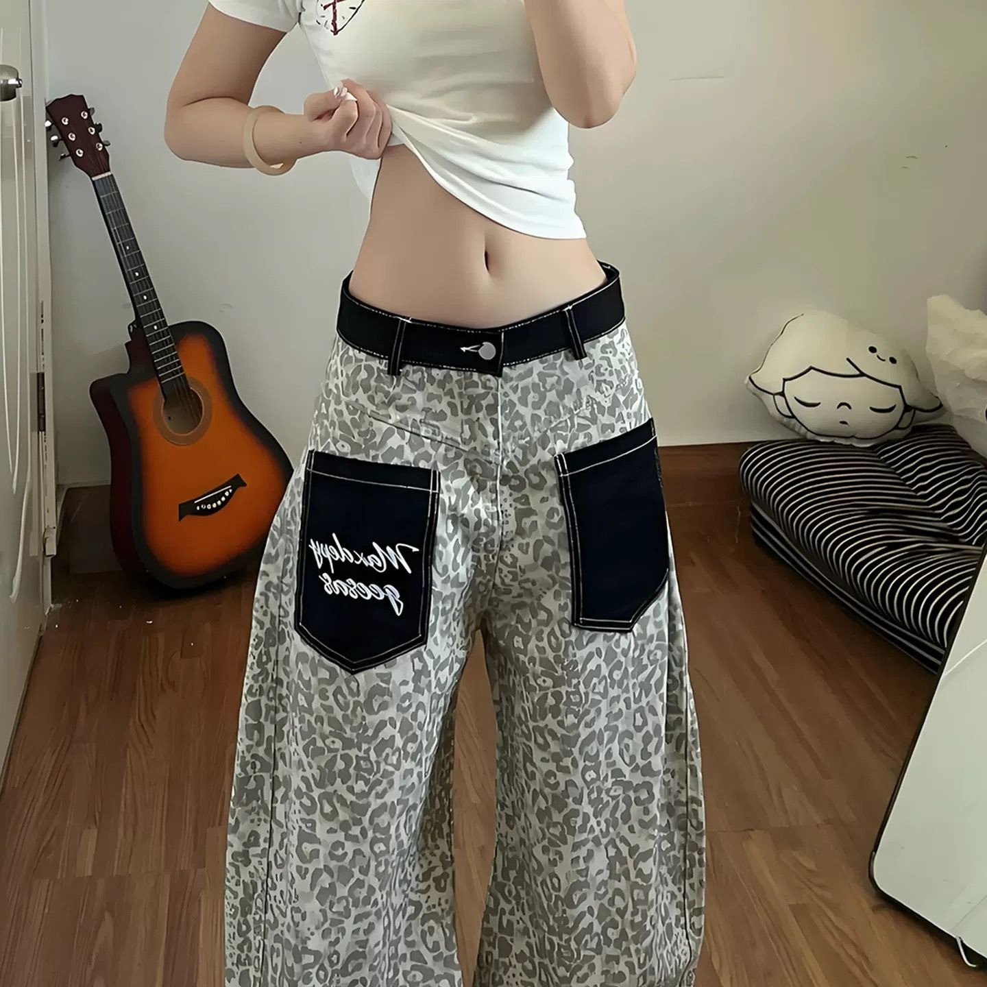 美式豹紋貼布口袋牛仔褲男女baggy寬松復古街頭闊腿彎刀休閑長褲