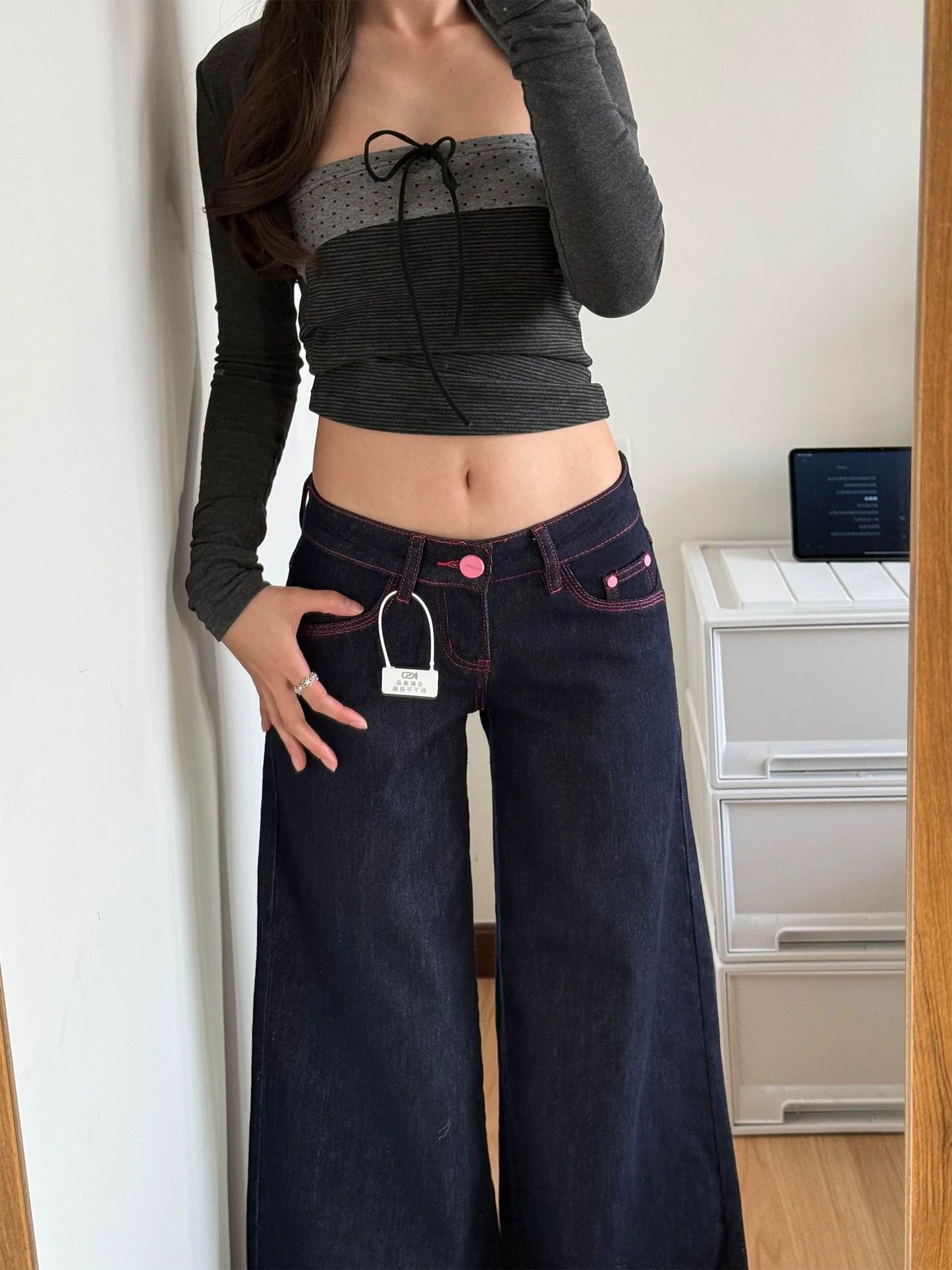 夏季復古撞色闊腿牛仔褲女韓系新款設計辣妹低腰寬松垂感百搭長褲