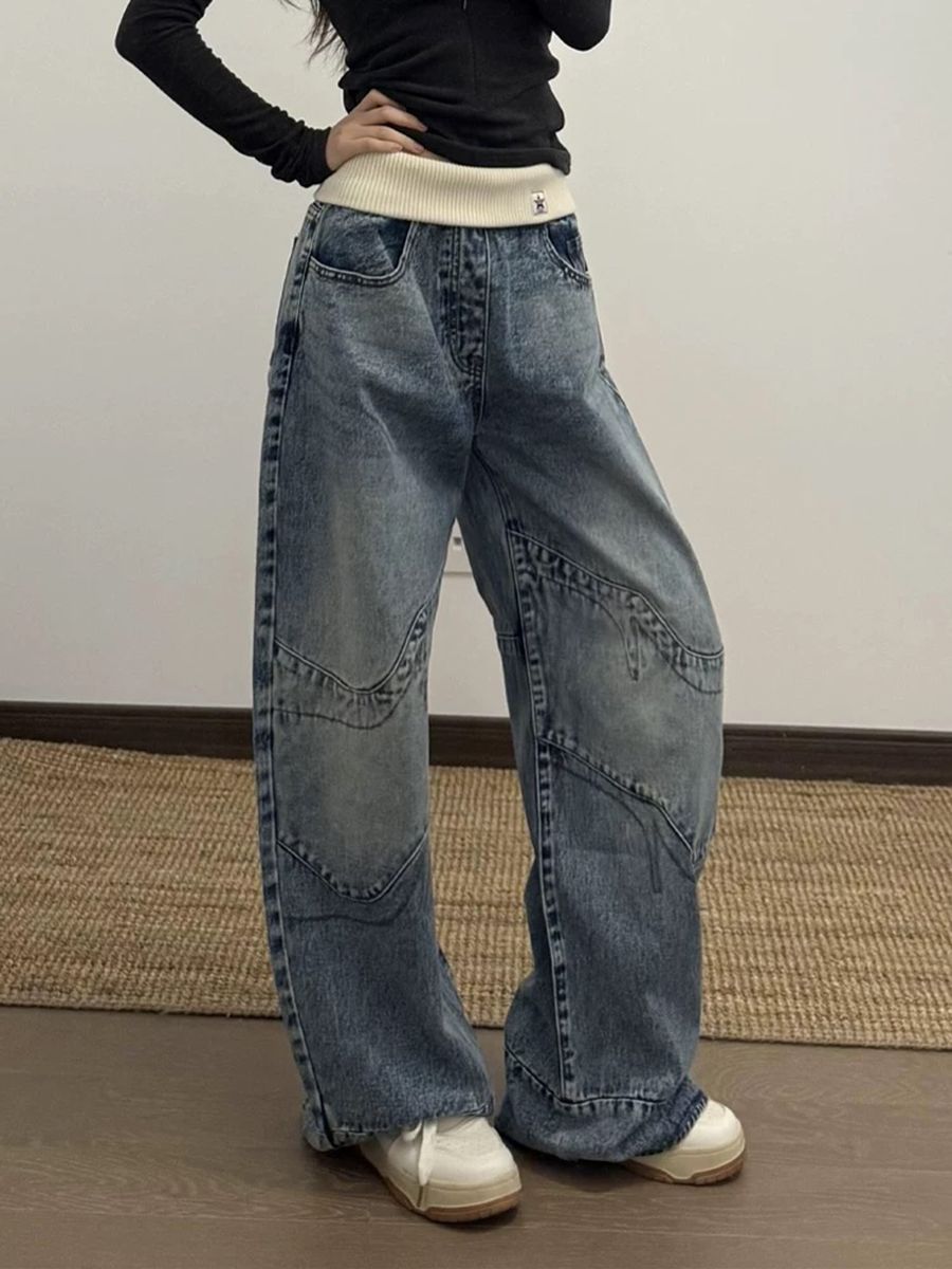 美式復古設計感螺紋腰頭牛仔褲子女辣妹做舊水洗寬松直筒拖地長褲
