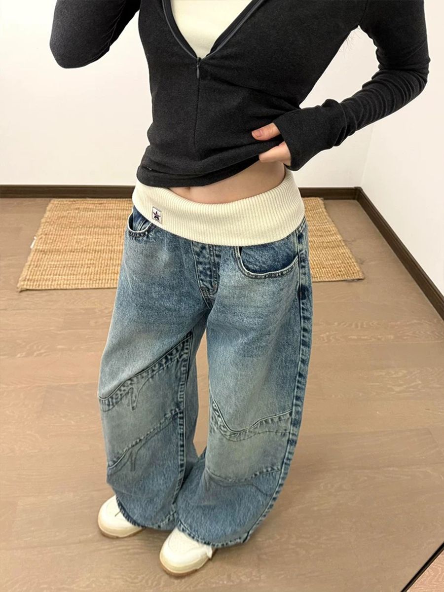 美式復古設計感螺紋腰頭牛仔褲子女辣妹做舊水洗寬松直筒拖地長褲