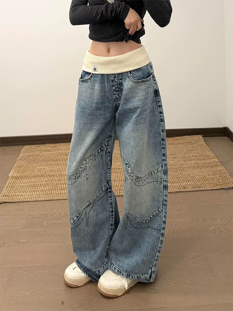 美式復古設計感螺紋腰頭牛仔褲子女辣妹做舊水洗寬松直筒拖地長褲