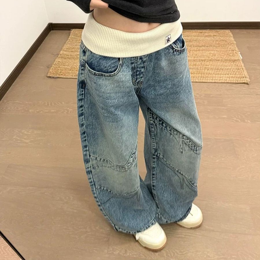 美式復古設計感螺紋腰頭牛仔褲子女辣妹做舊水洗寬松直筒拖地長褲