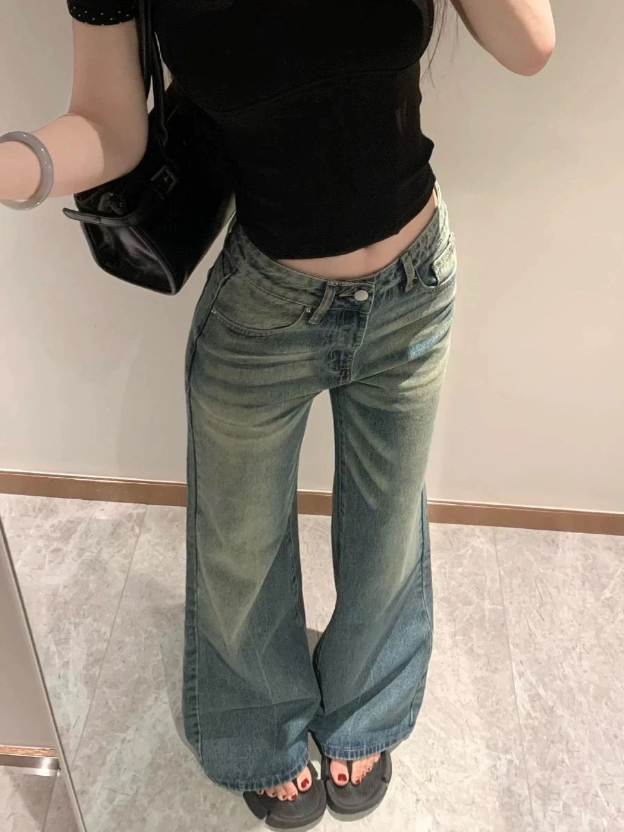 美式復古水洗做舊牛仔褲女2026夏季顯瘦中低腰微喇闊腿拖地褲子