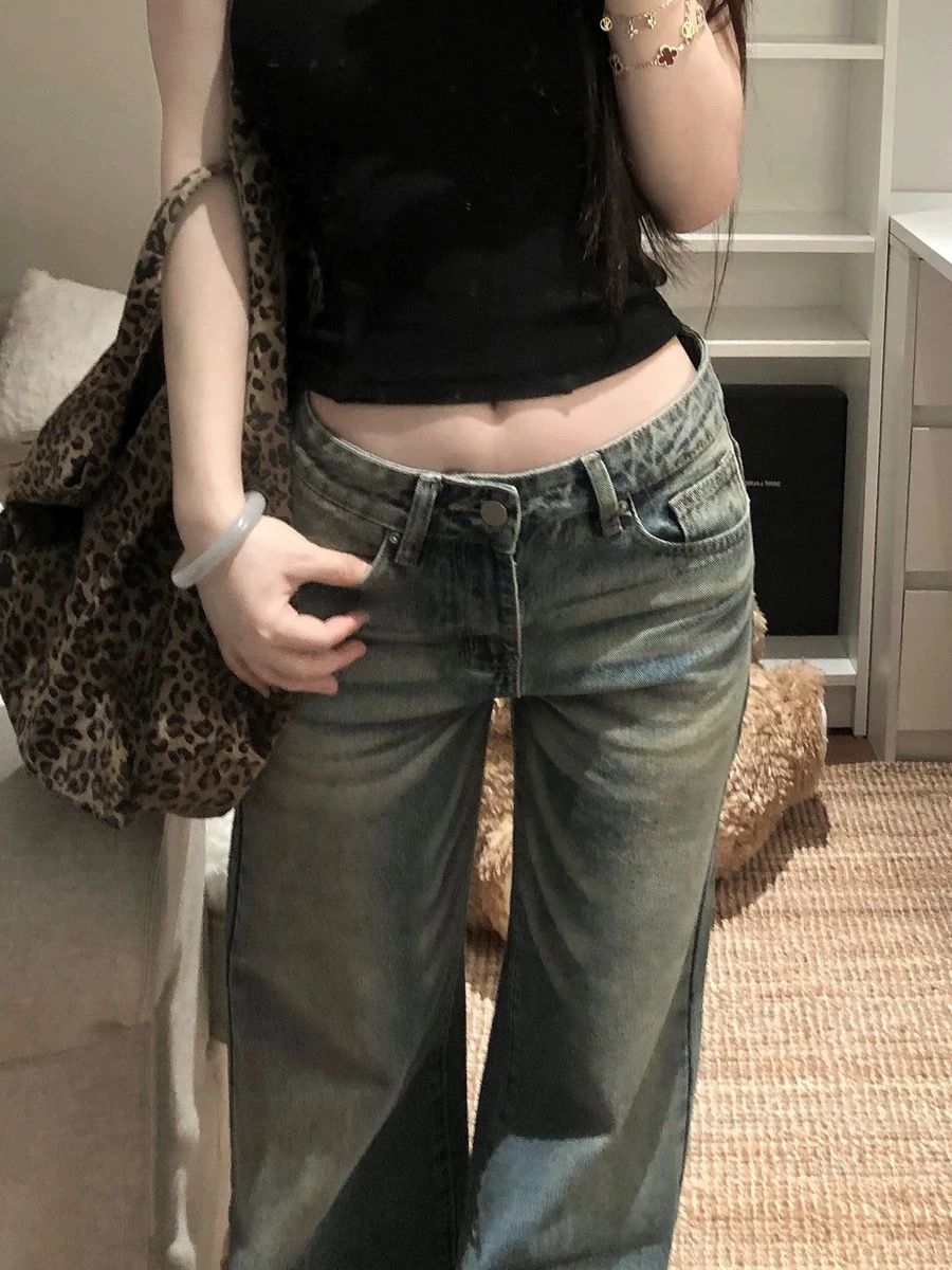 美式復古水洗做舊牛仔褲女2026夏季顯瘦中低腰微喇闊腿拖地褲子