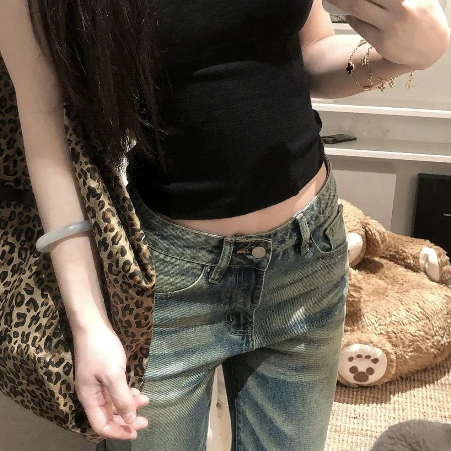 美式復古水洗做舊牛仔褲女2026夏季顯瘦中低腰微喇闊腿拖地褲子