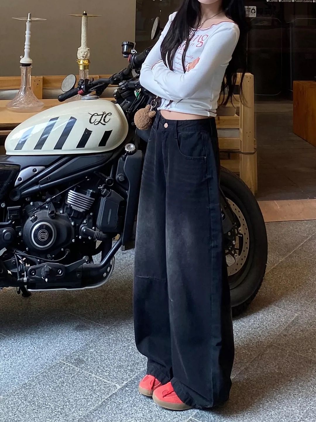 夏季美式復古黑灰色闊腿牛仔褲女高腰寬松顯瘦百搭直筒拖地長褲