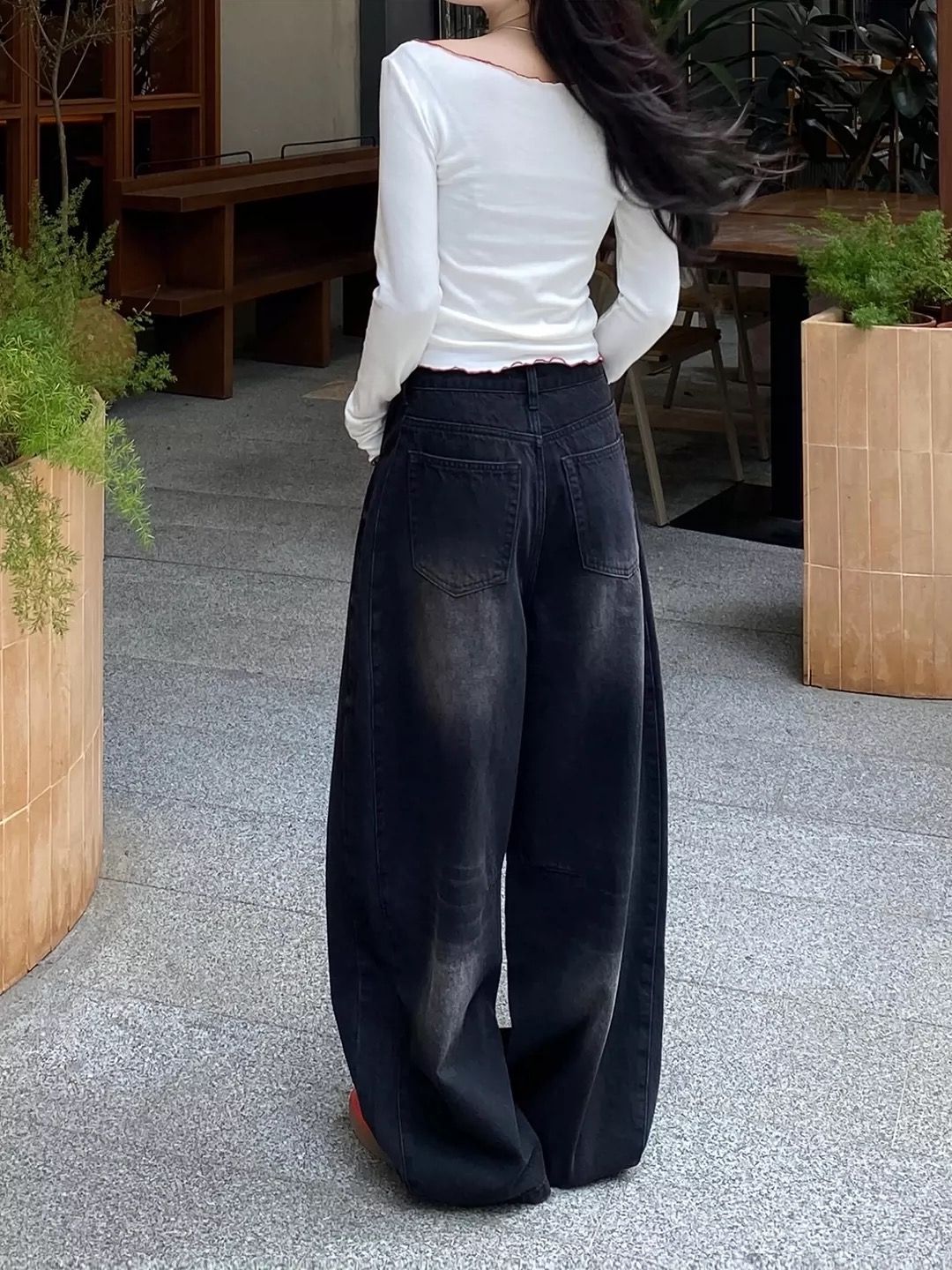 夏季美式復古黑灰色闊腿牛仔褲女高腰寬松顯瘦百搭直筒拖地長褲