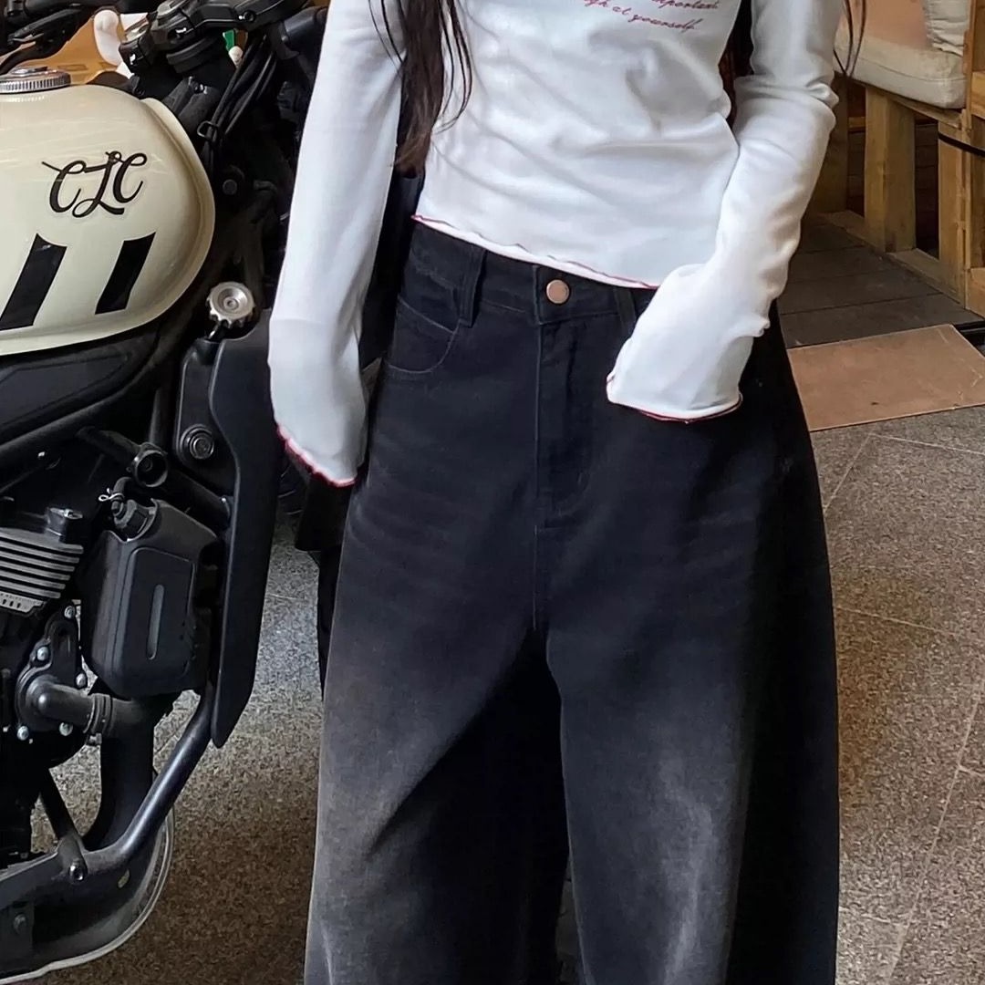 夏季美式復古黑灰色闊腿牛仔褲女高腰寬松顯瘦百搭直筒拖地長褲