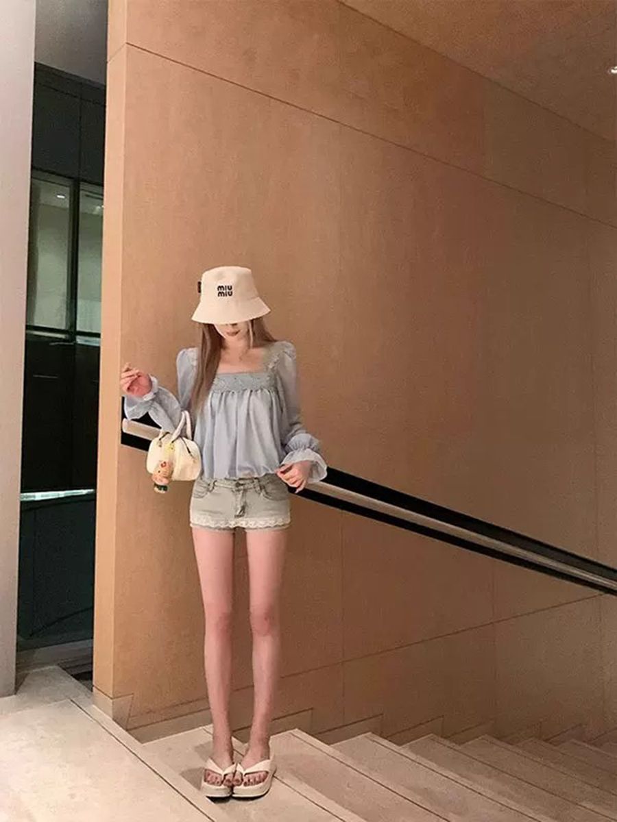 韓系美式復古做舊蕾絲拼接熱辣牛仔超短褲女夏季辣妹低腰顯瘦裙褲