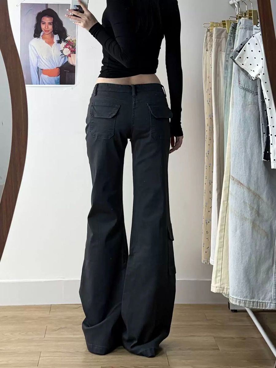 美式復古灰色低腰微喇工裝牛仔褲女2026春夏新款顯瘦拖地喇叭褲子