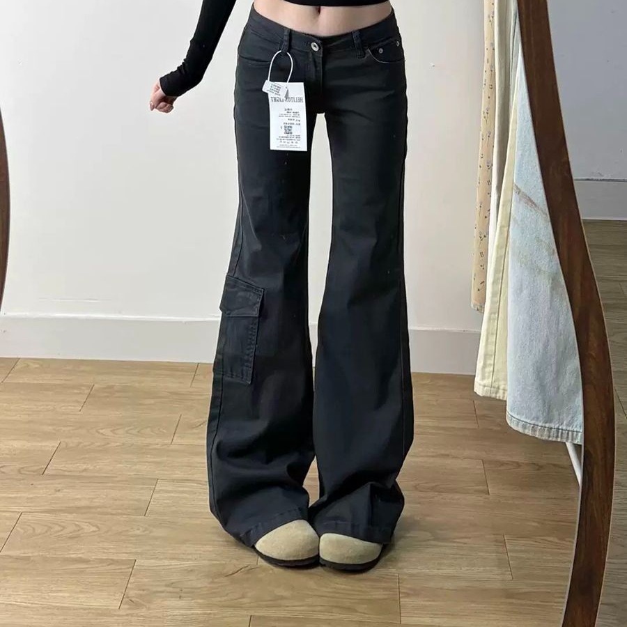 美式復古灰色低腰微喇工裝牛仔褲女2026春夏新款顯瘦拖地喇叭褲子