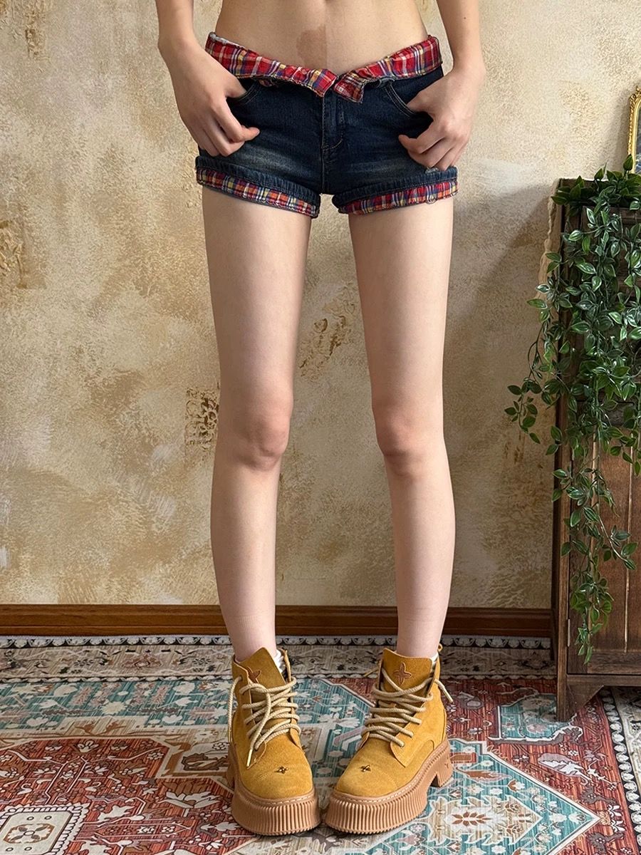 韓系復古低腰格子撞色Y2K牛仔短褲修身顯瘦包臀熱褲女壕吶